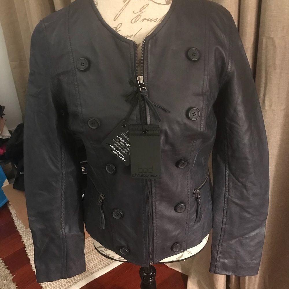 Beautiful navy blue bod & christensen leather jacket Size M, New With Tags!